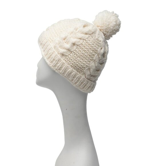 Cable Knit Winter Hat Toque & Mittens Pom Cream Leather Elk Deer Antler Patch - Picture 9 of 10
